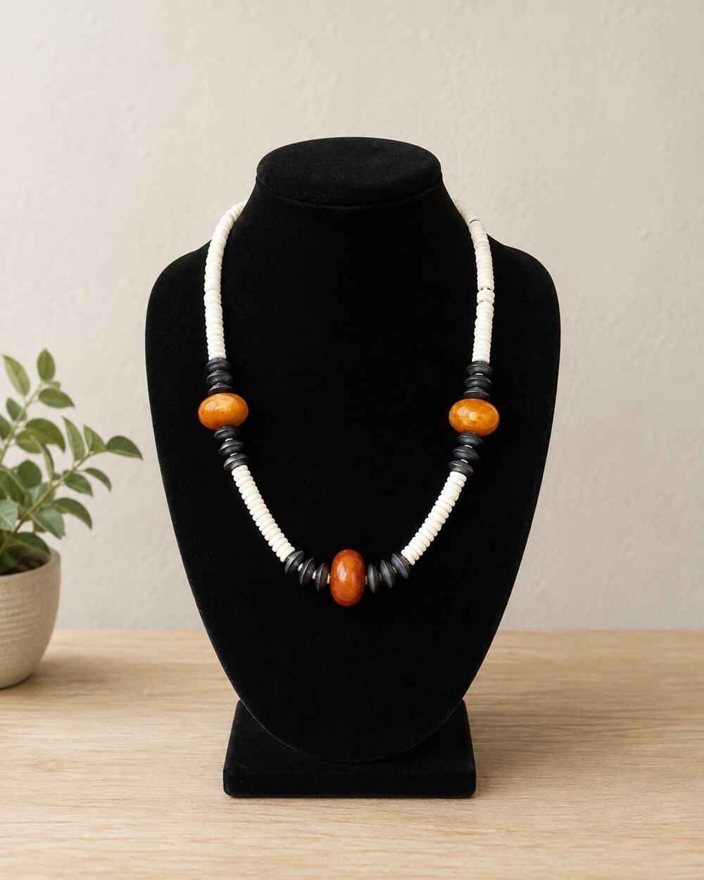 Vintage African Trade Bead Necklace Chunky Tribal Boho Amber Resin Shell Heishi
